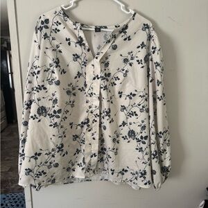 SHEIN Blue and White Floral Long Sleeve Blouse